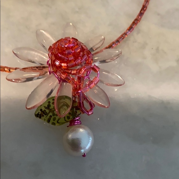 Hand beaded pink floral necklace from Europe - Picture 7 of 7